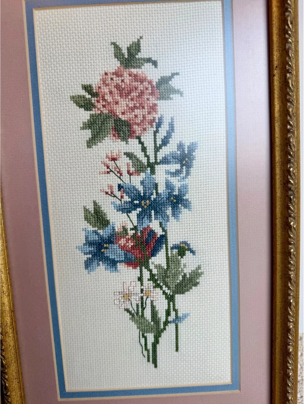 Vintage 1989 Floral Cross Stitch Pair Framed Wall Art Pink Blue Gold Frames
